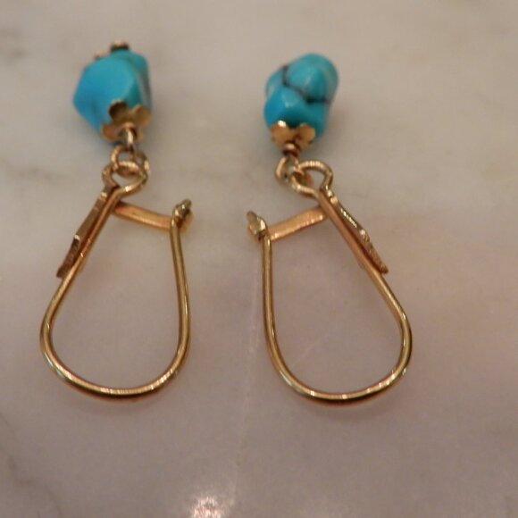14 Karat Yellow Gold and Turquoise Dangle Earrings - Picture 3 of 3